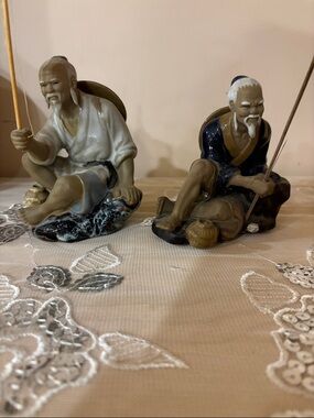 Vintage Pair of Chinese shiwan Fisherman Figurines in Tan, White & Navy